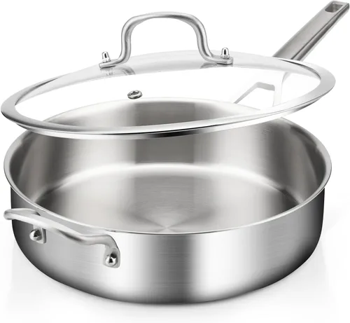 Vista 11 de Yeksum Sartén de acero inoxidable de tres capas, 7 cuartos de galón, sartén de 12 pulgadas de profundidad con tapas, sartén grande de 3 capas