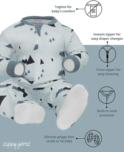 Vista 23 de ZippyJamz - Pijama orgánica para bebé con pies y cremallera para cambiar pañales fácil y rápido