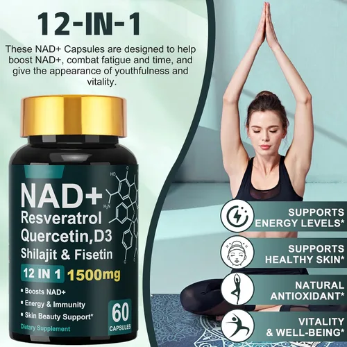 Vista 3 de Dr.HR NAD+ Resveratrol Vitamina D3 Quercetina y Fisetina, Suplementos NAD antienvejecimiento 1500mg para mujeres y hombres Apoya la energía