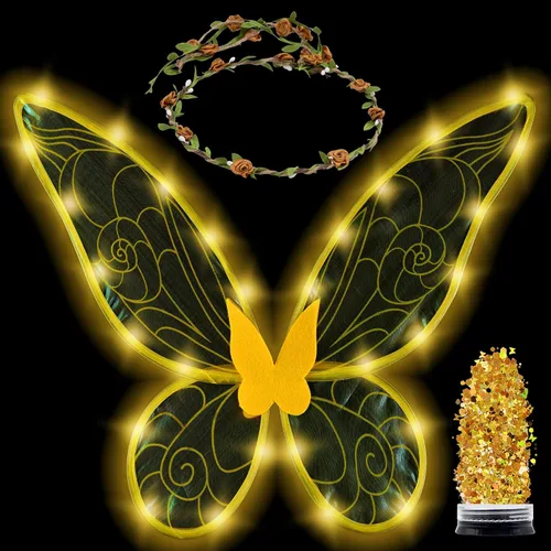 Vista 12 de Disfraz de hada Funcredible para mujeres y niñas - Alas de hada con luz y corona de flores, brillo - Alas de mariposa Negro