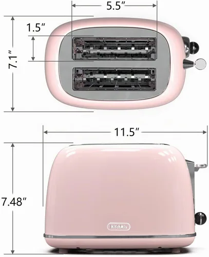 Vista 7 de Tostadora de 2 rebanadas, tostadora retro de acero inoxidable con 6 ajustes, ranuras extra anchas de 1.5 pulgadas, función de Rosa bebé