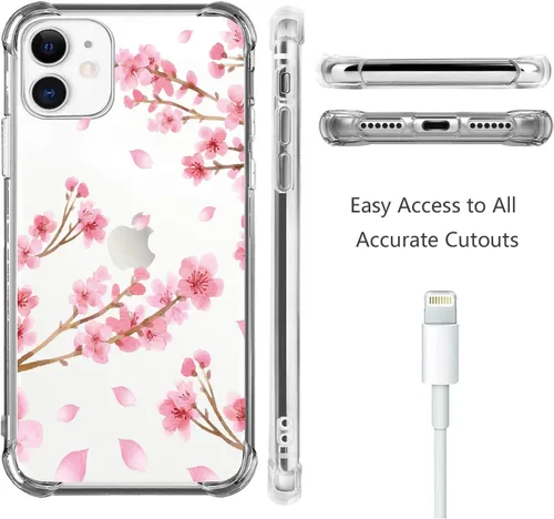 Vista 3 de Funda de flores de cerezo para iPhone 11 año 2019, cubierta trasera floral transparente rosa para niñas y mujeres, funda protectora a prueba