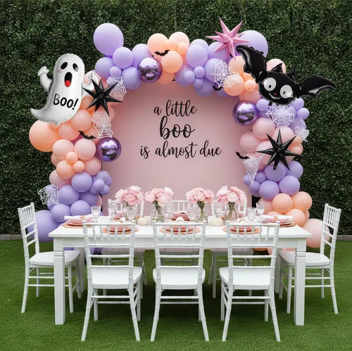 Vista 2 de Kit de arco de guirnalda de globos de cumpleaños pastel de Halloween, 130 globos morados, rosas y naranjas + globos de Mylar de murciélago fantasma
