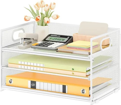 Vista 20 de SUBEKYU 2 paquetes de organizador de bandejas de cartas de 3 niveles para escritorio, organizador clasificador de archivos de malla metálica negra