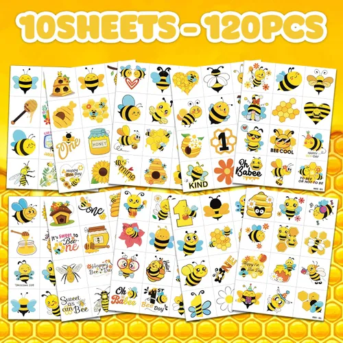 Vista 3 de 120 tatuajes temporales precortados de abeja para niños Recuerdos de fiesta de cumpleaños temáticos súper lindos, suministros, decoraciones