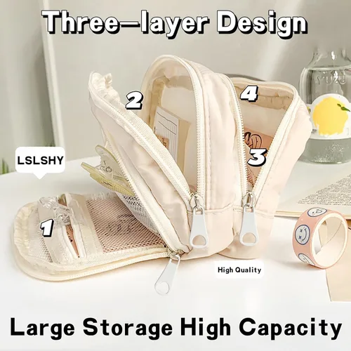 Vista 3 de LSLSHY Estuche grande de tres capas con cremallera para lápices, suministros de papelería para adolescentes, niñas, niños y estudiantes (beige)