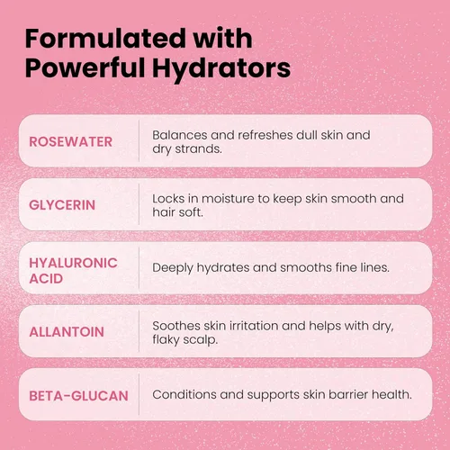 Vista 6 de Spray de agua de rosas y glicerina, hidratante y refrescante para rostro y cabello, tónico facial con ácido hialurónico para calmar, suavizar