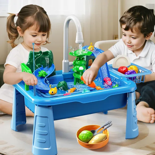 Vista 8 de JUKUDAHU Mesa de Juego de Agua y Fregadero de Juguetes para Niños de 2 3 4 5 6 Años de Edad - Cocina al Aire Libre con Agua Corriente