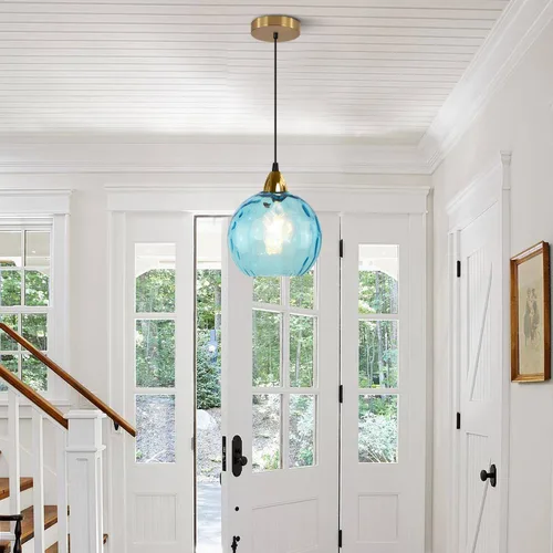 Vista 8 de BOKT Moderna Lámpara Colgante de Vidrio Azul Accesorio de Luz Latón Cepillado Dorado Globo Iluminación Colgante 1 Luz Bola Grande Redonda Lámpara