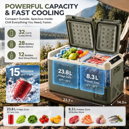 Vista 3 de BODEGACOOLER Refrigerador de Coche de 12 Voltios, Refrigerador de Coche de 34 Cuartos de Galón (32L) de Doble Zona, Congelador Portátil de 12V