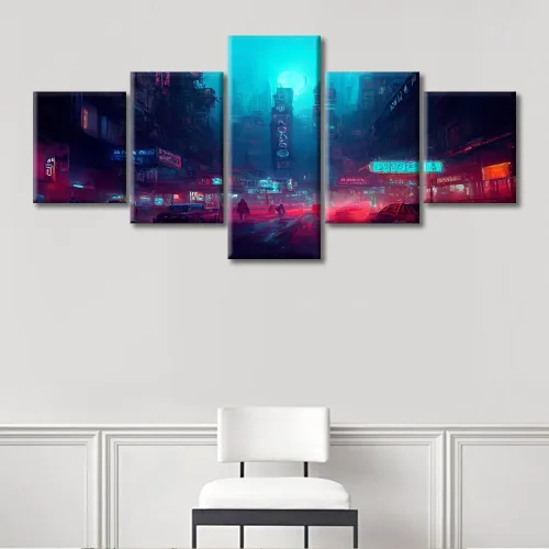 Vista 367 de Cuadros de 5 paneles de Cyberpunk City, arte de pared, representación de vallas publicitarias, edificios modernos en la capital con obras de arte
