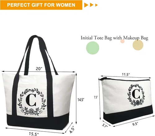 Vista 2 de BeeGreen Bolsa de lona con inicial con bolsa de maquillaje, monograma, bolsa de playa para mujeres, regalos personalizados para profesores, madres