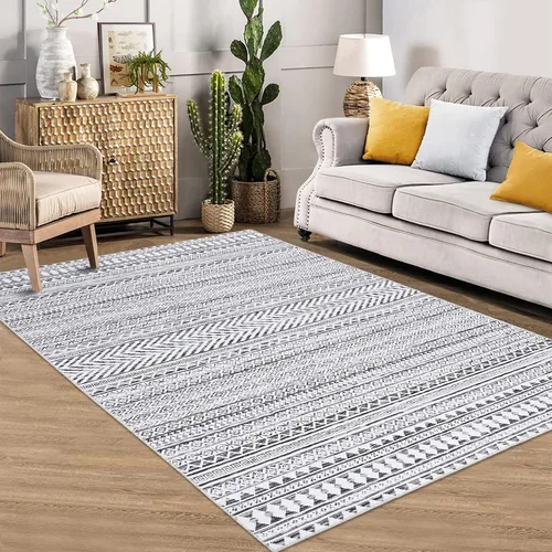 Vista 10 de Fashionwu Alfombra redonda geométrica gris de 4 pies, lavable a máquina, antideslizante, estilo moderno, tamaño adulto