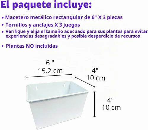 Vista 2 de LaLaGreen - Maceta de pared, paquete de 3, macetas de montaje en pared de 6 pulgadas para suculentas, color blanco, maceta rectangular de metal