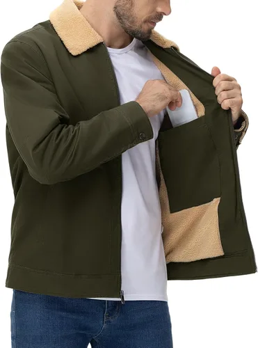 Vista 2 de TBMPOY Chaqueta de invierno para hombre, forro polar de sherpa grueso, de algodón, con cremallera completa, bolsillos con cremallera