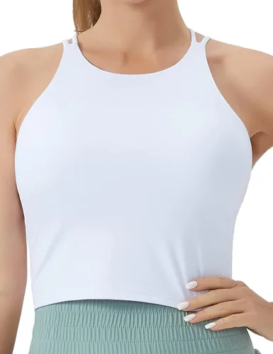 Vista 2 de THE GYM PEOPLE Sujetador deportivo con espalda cruzada para mujer, cuello halter, camiseta corta sin mangas con almohadillas extraíbles