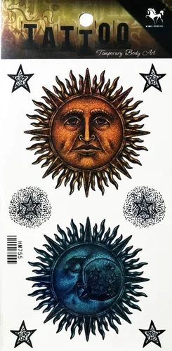 Vista 2 de Tatuajes 2 hojas de luna sol estrellas sobre amarillo azul impermeable tatuaje falso temporal pegatinas arte corporal extraíble para hombres mujeres