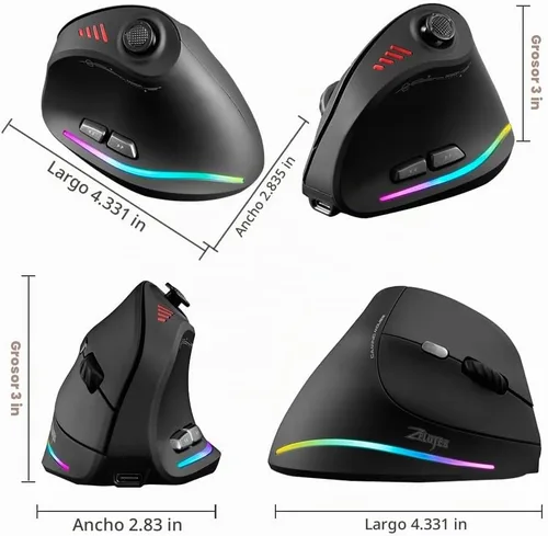 Vista 4 de zelotes Ratón inalámbrico Bluetooth con joystick, recargable, 24.000 DPI, 11 botones programables, RGB, modo dual (BT+receptor USB de 2.4 G), mouse