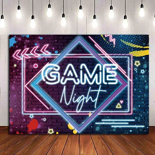 Vista 9 de Fondos de fotografía con temática de noche de juegos, fondo de fotos de neón brillante, 5 x 3 pies, para juegos en fiestas de cumpleaños, pijamadas