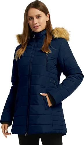 Vista 3 de wantdo Abrigo de invierno cálido para mujer, chaqueta puffer pesada tipo parka con capucha con ribete de piel