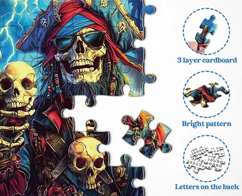 Vista 4 de Rompecabezas de esqueleto pirata para adultos, 1000 piezas, capitán pirata de terror con cráneo loro, escena de tormenta oceánica, rompecabezas