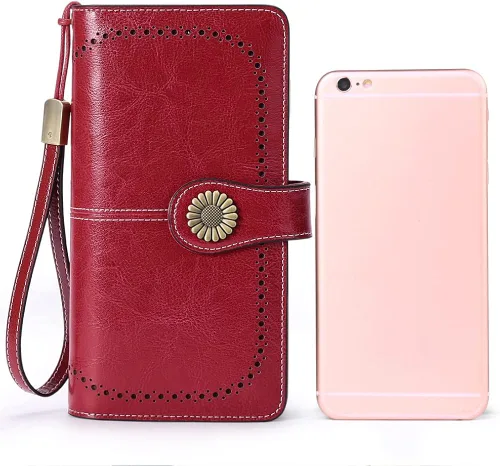Vista 5 de SENDEFN - Billeteras de cuero genuino para mujer con tarjetero y bloqueo RFID, de gran capacidad y con correa para la muñeca