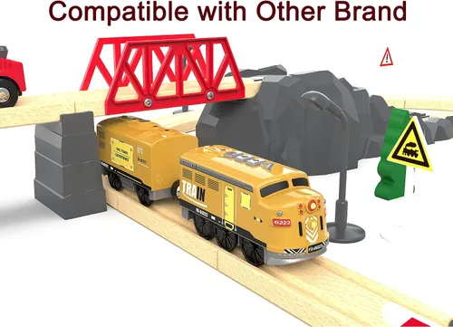 Vista 9 de Juego de tren eléctrico de juguete para pistas de madera, juguete de tren locomotora con control remoto para niños, compatible con Thomas, Brio