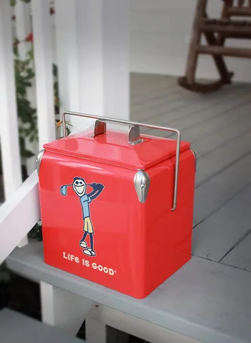 Vista 9 de Leigh Country Life is Good - Hielera metálica roja, diseño gráfico Jake Golfing, portátil con asa de transporte
