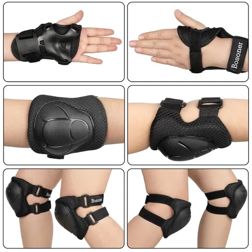 Vista 7 de BOSONER - Equipo de protección básico para niños: juego de rodilleras y coderas con protectores de muñeca para niños de 3 a 15 años - Diseñado