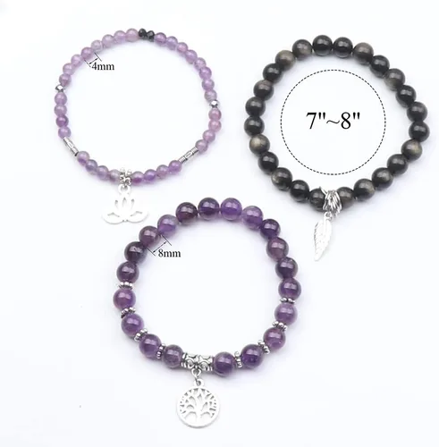 Vista 2 de UEUC - Pulseras Reiki, apilables, de piedras curativas, cristales, con dije del árbol de la vida, yoga y hoja de loto, contra la ansiedad