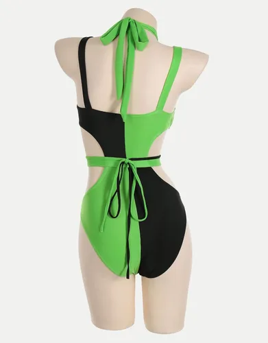 Vista 3 de MEOWCOS - Traje de baño de una pieza para mujer, traje de baño gótico verde y negro