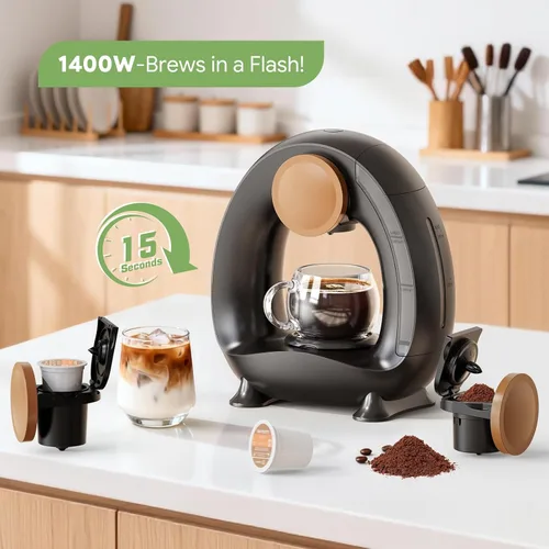 Vista 3 de Cafetera de una sola porción 2 en 1, cafetera rápida de 1400 W para cápsulas K-Cup y café molido, cafetera americana y de té de un solo toque con 2