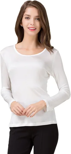 Vista 2 de CLC - Camiseta de seda de morera para mujer, manga larga, cuello redondo, tejido de punto