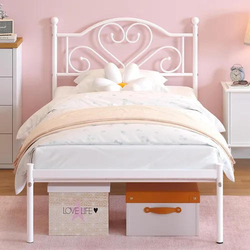 Vista 8 de Weehom Base de cama individual con cabecero, plataforma de metal resistente debajo de la cama, espacio de almacenamiento fácil de montar para niños