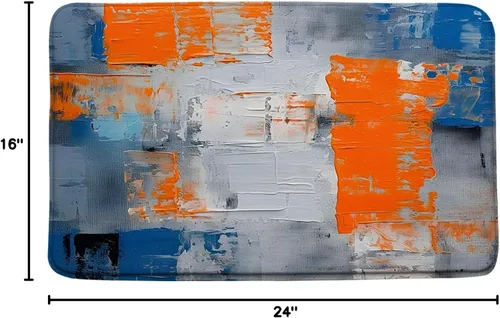 Vista 3 de Tapete de baño azul, gris y naranja, azul quemado, naranja y gris, pintura abstracta de pinceladas, arte moderno, decoración de baño, tapete