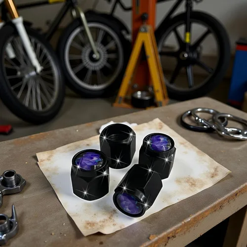 Vista 3 de Tapones de vástago de válvula de neumático de loto azul morado, 4 piezas de tapas de válvula de aire de metal negro, tapas de vástago de rueda