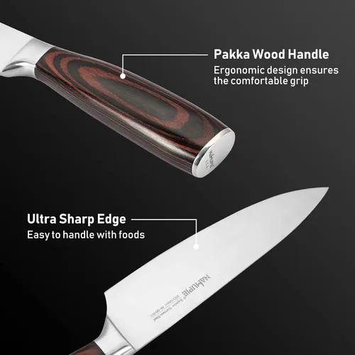 Vista 5 de Cuchillo de chef profesional de 8 pulgadas, cuchillo de cocina de acero de alto carbono, ultra afilado, con mango de madera sólida, caja de regalo