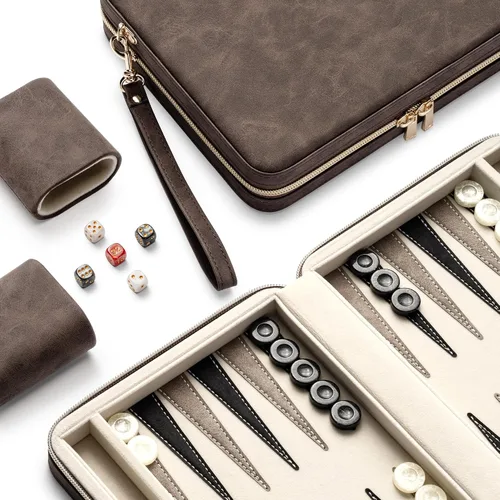 Vista 11 de Juegos de backgammon para adultos y niños, tablero clásico de backgammon con dados de damas únicos, funda plegable de cuero sintético para Negro