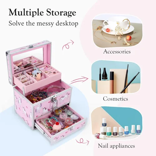Vista 3 de Hododou Joyero para niñas diseño de unicornio rosa organizador con cajón y espejo estuche de almacenamiento con cerradura estilo unicornio