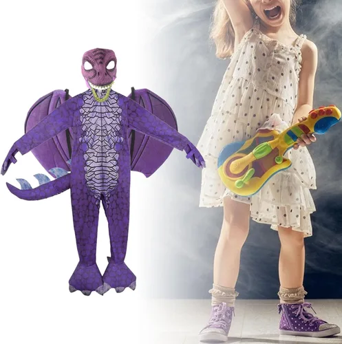 Vista 5 de Yiju Child Dragon Costume, Boys Dragon Wing, Tail and Mask Set for Halloween Dress Up Party Supplies, Purple XL 140cm