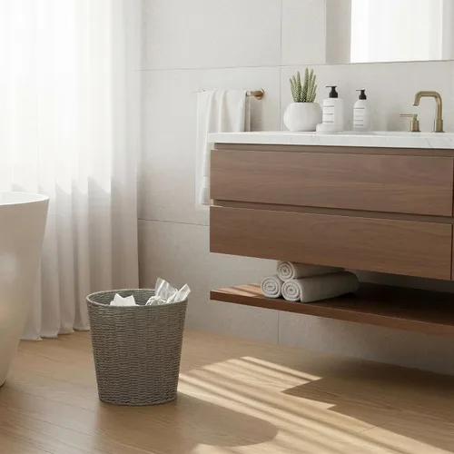 Vista 7 de [Usado] Household Essentials Cesta de basura tejida, papelera de cuerda de papel gris para baño, dormitorio, oficina