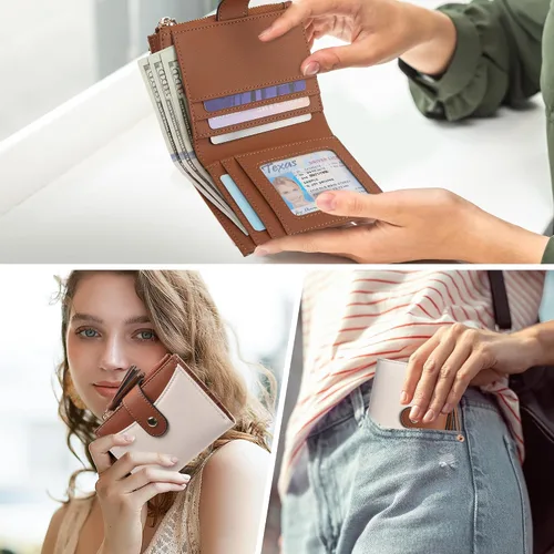 Vista 6 de yiijay Billetera pequeña para mujer, con bloqueo RFID, plegable, delgada, de cuero, para tarjetas de crédito, billetera pequeña con bolsillo