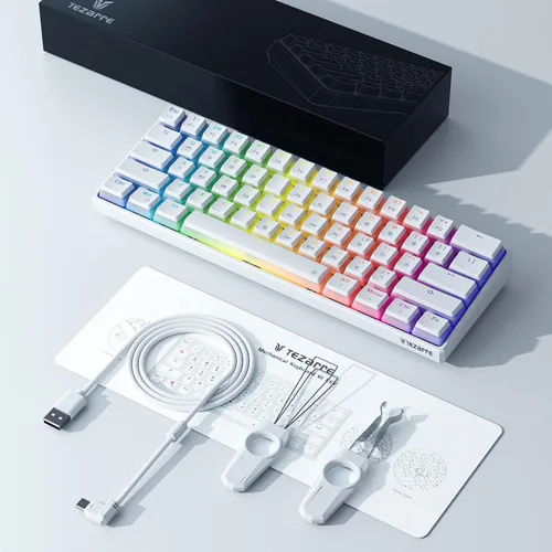 Vista 7 de Tezarre Teclado mecánico para juegos TK61 60 Hotswap con teclas PBT Puddin con retroiluminación RGB USB teclas completas programables para jugadores