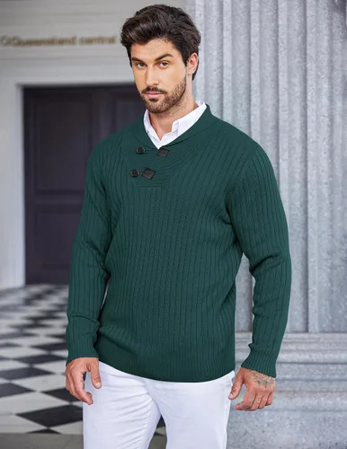 Vista 3 de COOFANDY Suéter de punto con cuello de chal para hombre, casual, ajustado, con botones, suéter de punto