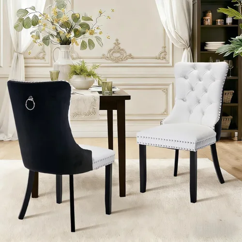 Vista 40 de Juego de 2 sillas de comedor de terciopelo con patas de madera, color beige Mid Century Modern Dining Chairs,Upholstered Chairs with Nailhead