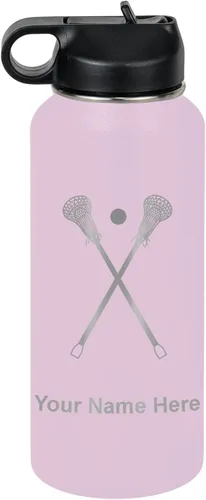 Vista 26 de LaserGram Botella de agua personalizada, palitos de lacrosse, acero inoxidable de doble pared aislada al vacío con popote superior, regalo grabado