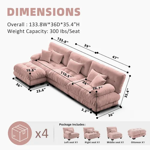 Vista 74 de Sofá Seccional Modular Extragrande de 93.7 pulgadas, Sofá de Dos Plazas Cloud Couch con Almohadas y Cojín Extra Grueso para Sala de Estar, Cine