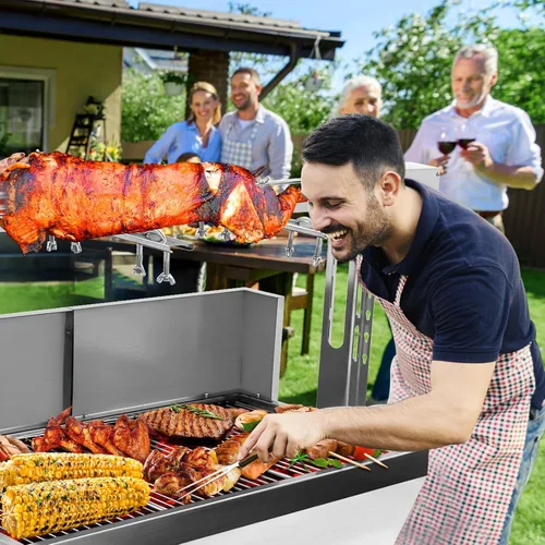 Vista 8 de Asador de acero inoxidable, asador de cordero de cerdo pequeño con motor de 25 W, parrilla asadora de carbón de 37 pulgadas para acampar al aire