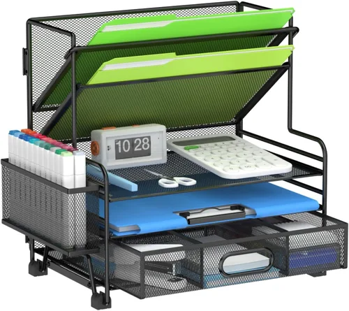 Vista 7 de MINDEPOT Organizador de papel de 4 niveles + soporte para archivos de 3 bolsillos + cajón + soportes para bolígrafos, organizador de archivos