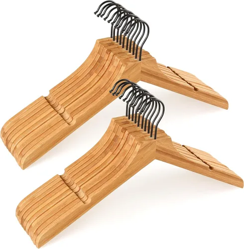 Vista 13 de TOPIA HANGER Perchas de madera de bambú, perchas con gancho negro giratorio y nothces de corte liso, juego de 12 perchas de madera duraderas
